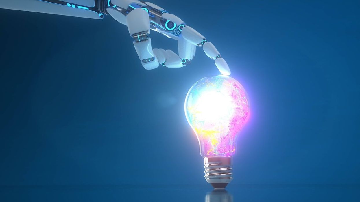 3D illustration of a robot hand reaching out to touch a lightbulb.