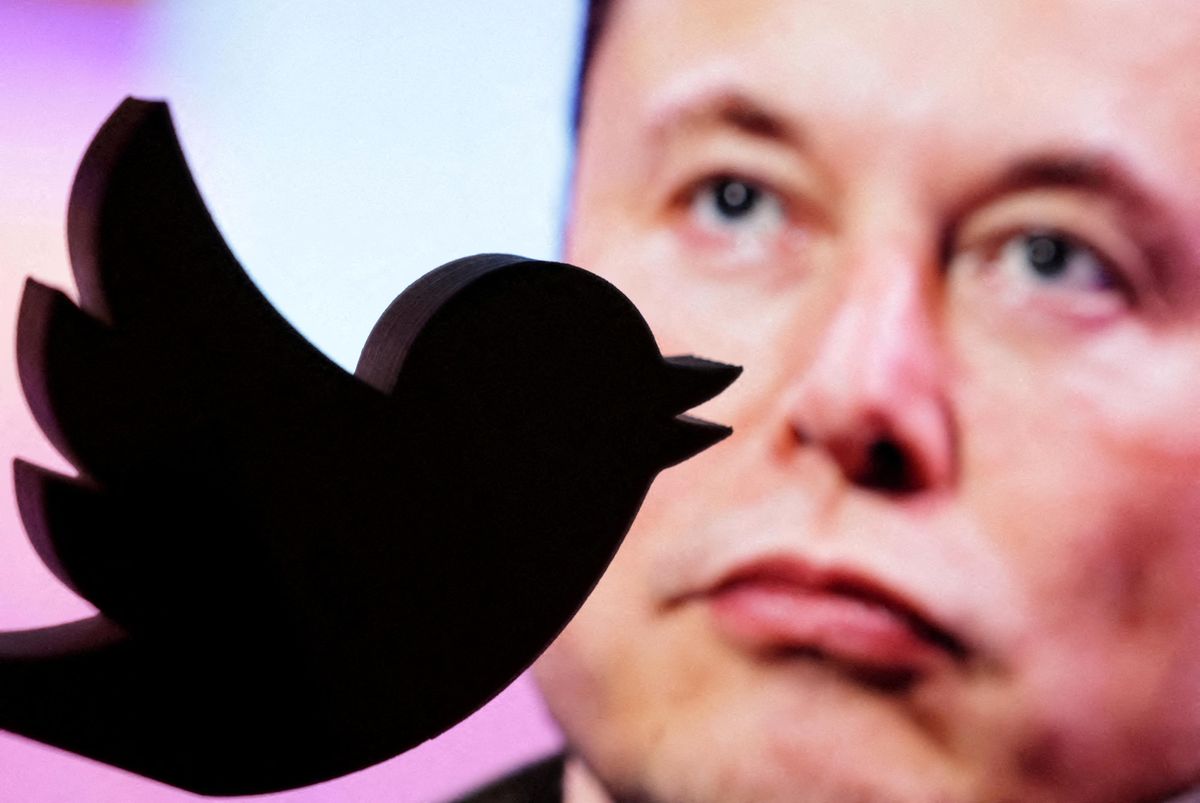 A 3D-printed Twitter logo is seen in front of a displayed photo of Elon Musk.