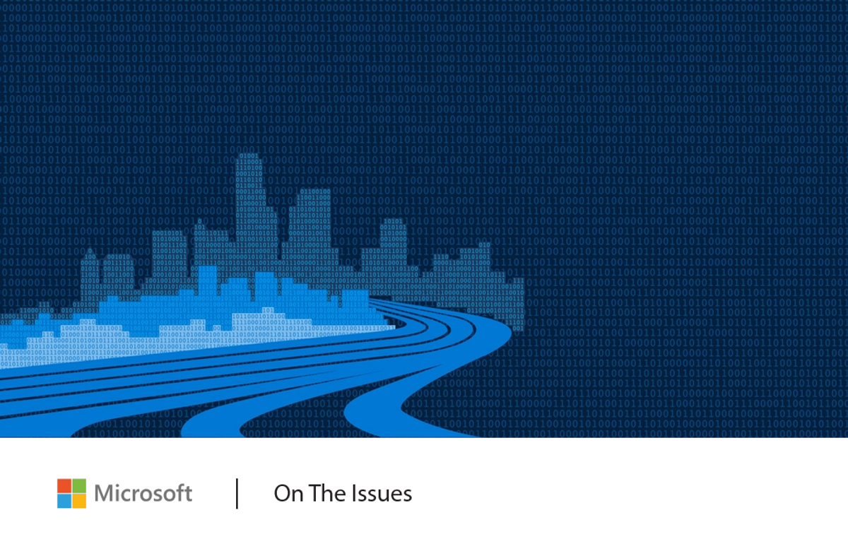 A blue graphic using 1's and 0's to form an image of roads leading into a city