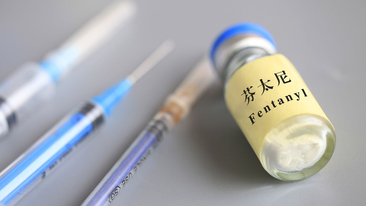 A bottle of Fentanyl pharmaceuticals is displayed in Anyang city, central China's Henan province, 12 November 2018.