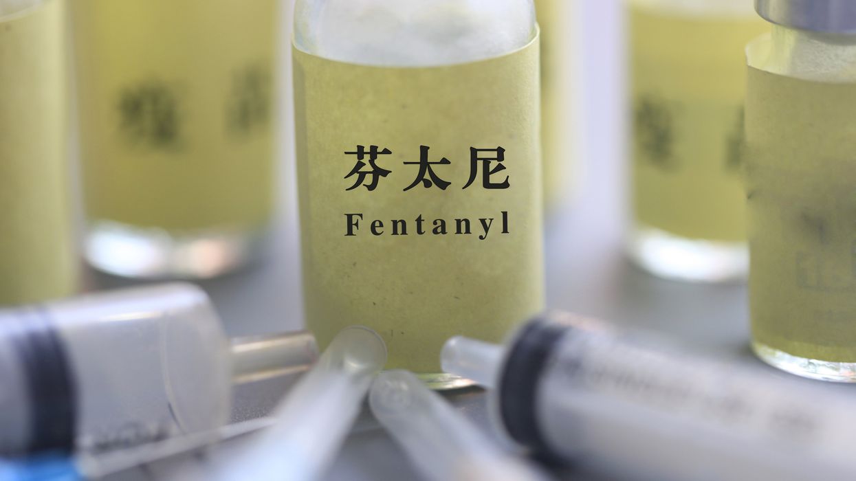 A bottle of Fentanyl pharmaceuticals is displayed in Anyang city