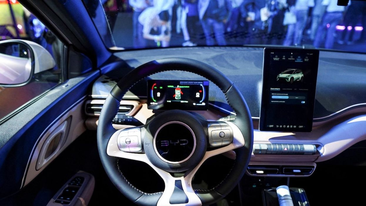 A BYD EV Dolphin Mini is displayed as the Chinese electric-vehicle producer announces the launch of the low-cost EV in Mexico City, Mexico, on Feb. 28, 2024. 