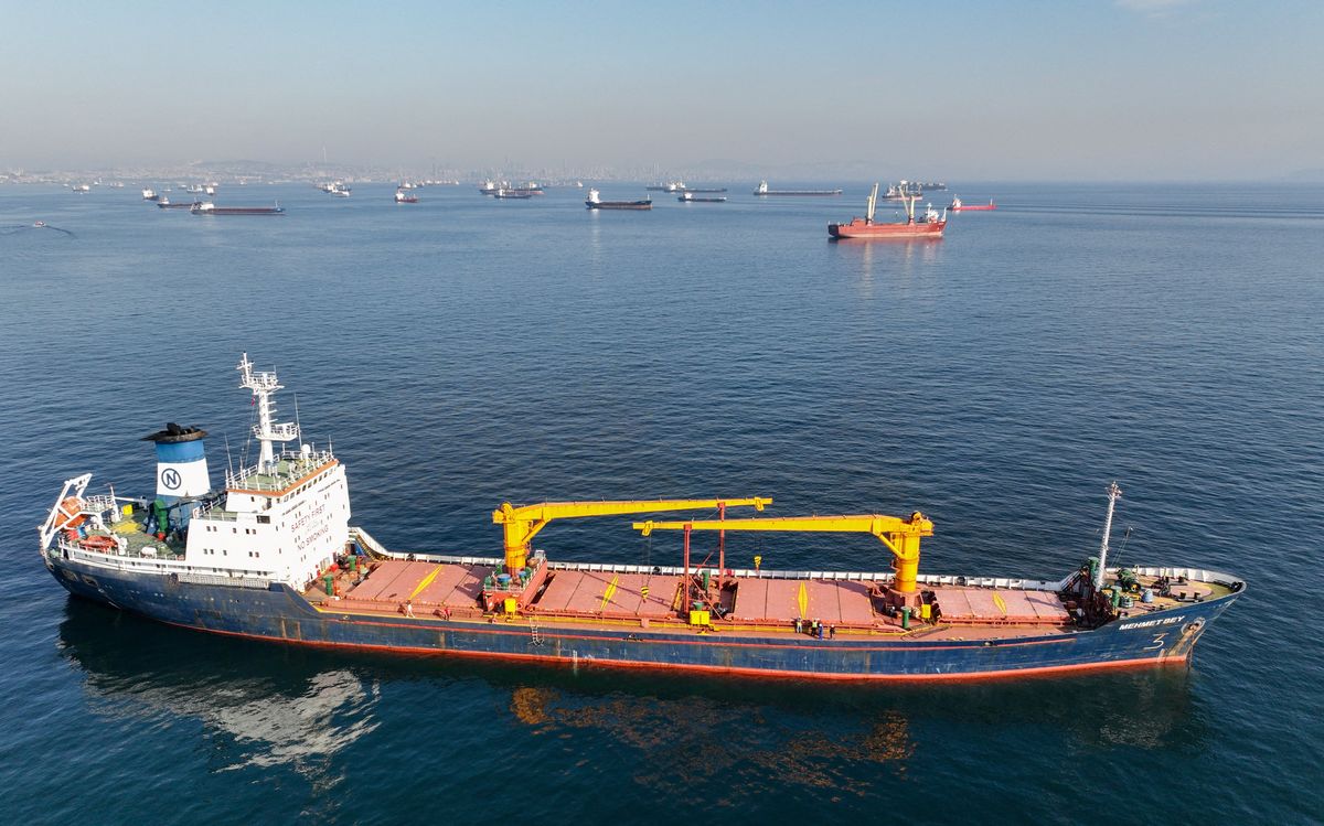 A cargo ship waits to pass the Bosphorus strait near Istanbul, Turkey.