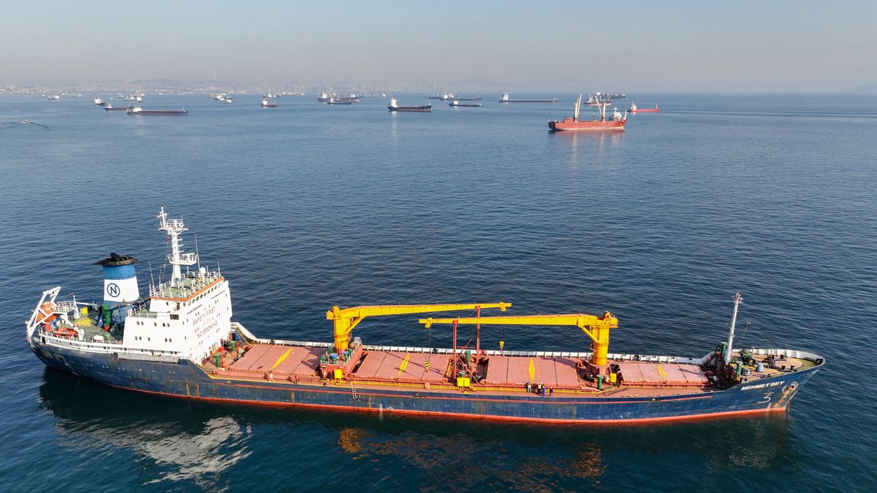 A cargo ship waits to pass the Bosphorus strait near Istanbul, Turkey.