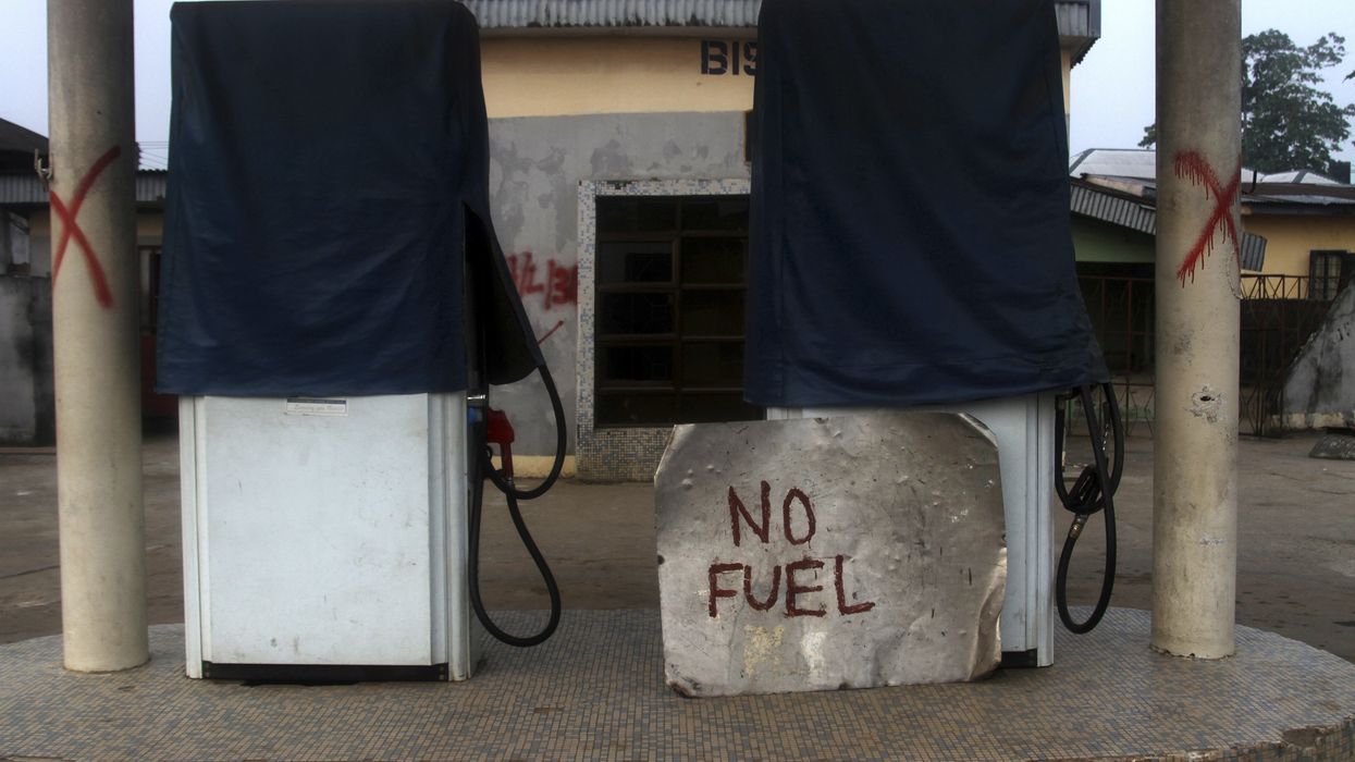A closed fuel station is seen near Nigeria's oil hub city of Port Harcourt