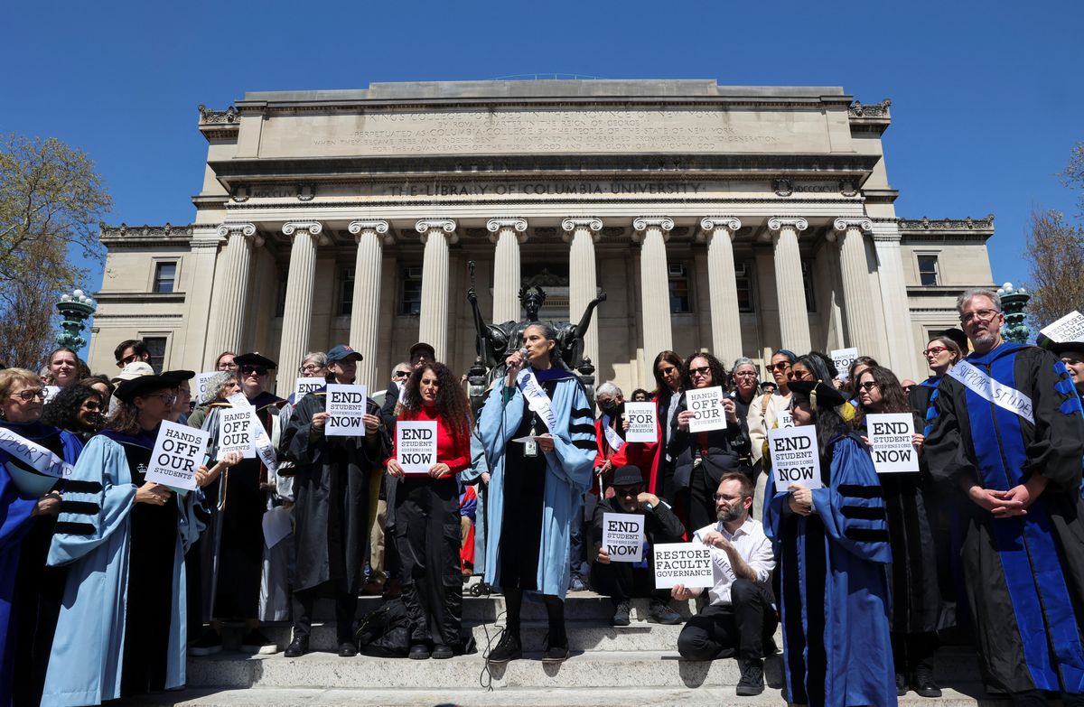 ​A coalition of Columbia Faculty speak on behalf of Columbia students, in support freedom of expression, and against recent police arrests of students on the Columbia University campus, as protests continue inside and outside the university during the ongoing conflict between Israel and the Palestinian Islamist group Hamas, in New York City, U.S., April 22, 2024.