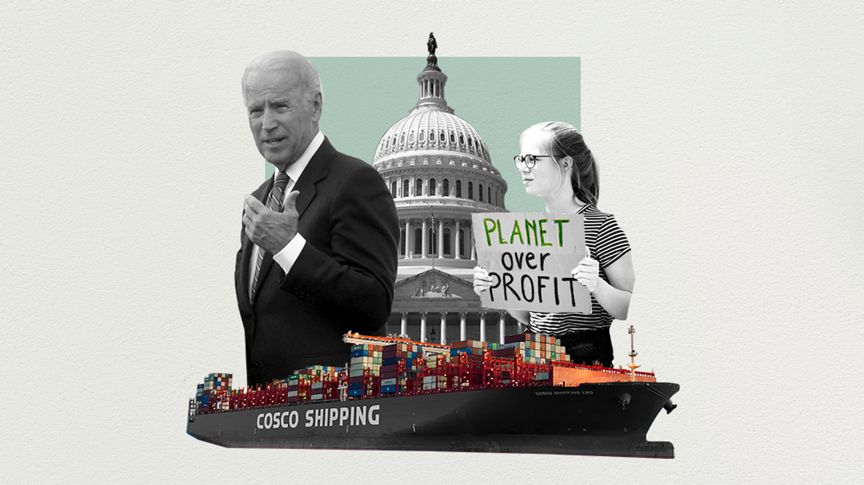 A collage of overlapping images including presidential candidate Joe Biden, a cargo ship, the US Congress, and a climate activist holding a sign that reads "planet over profit"