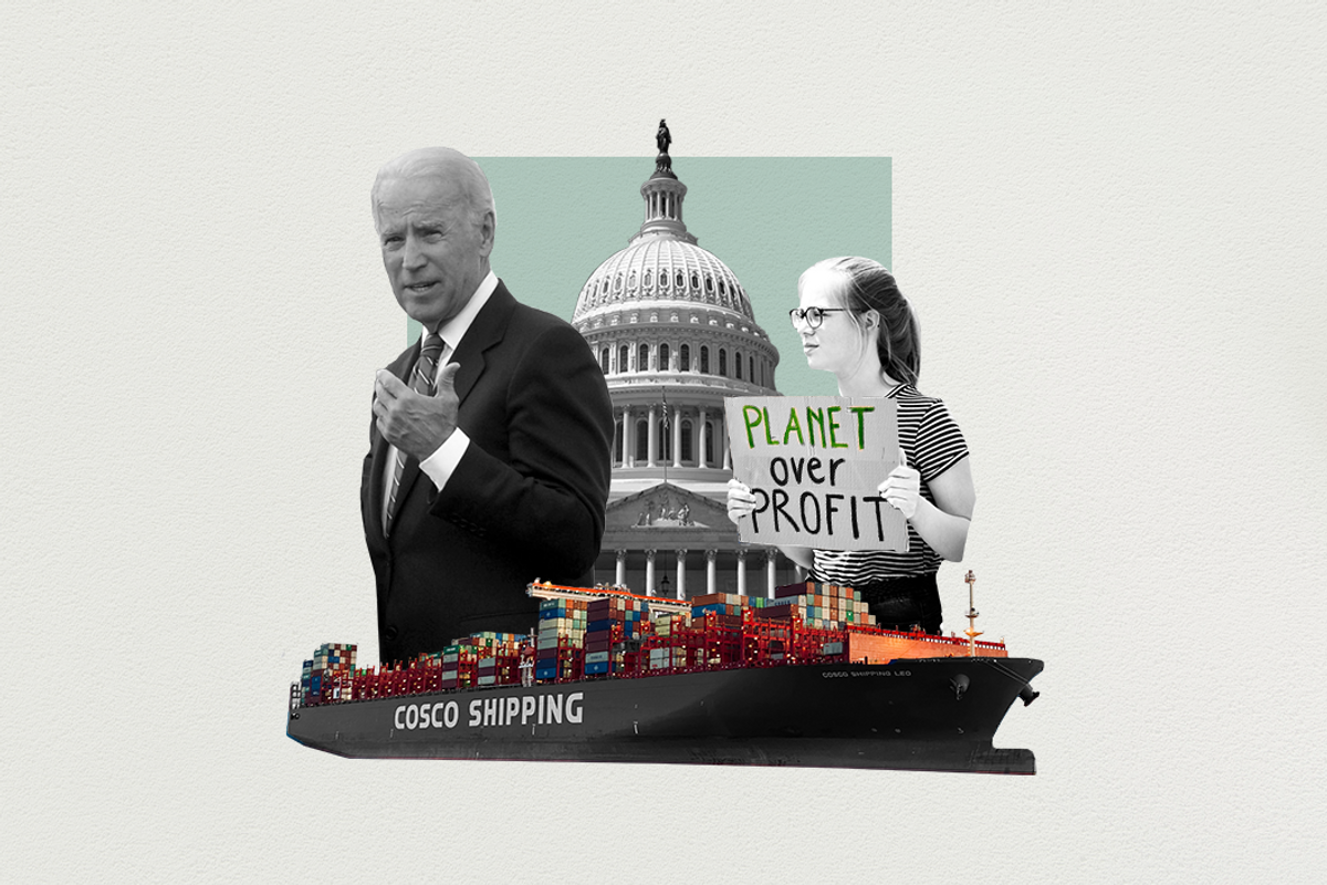 A collage of overlapping images including presidential candidate Joe Biden,  a cargo ship, the US Congress, and a climate activist holding a sign that reads "planet over profit"