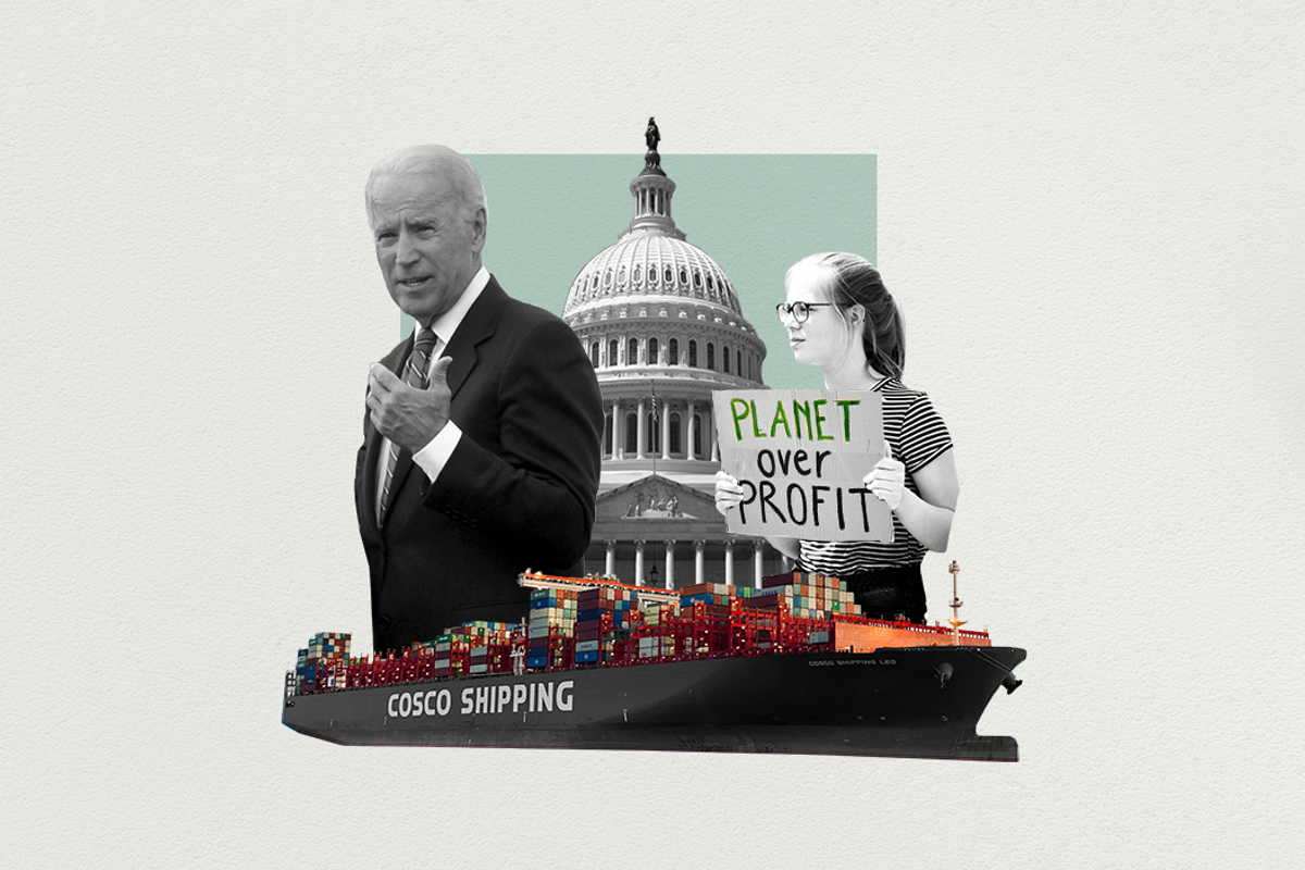 A collage of overlapping images including presidential candidate Joe Biden, a cargo ship, the US Congress, and a climate activist holding a sign that reads "planet over profit"