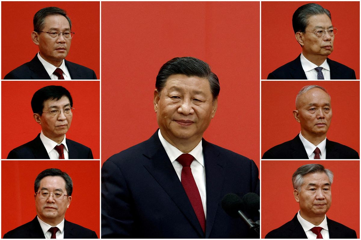 A combination picture shows Chinese leaders Xi Jinping, Li Qiang, Zhao Leji, Wang Huning, Cai Qi, Ding Xuexiang, and Li Xi. 