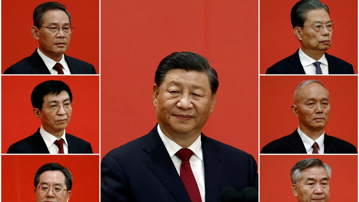 A combination picture shows Chinese leaders Xi Jinping, Li Qiang, Zhao Leji, Wang Huning, Cai Qi, Ding Xuexiang, and Li Xi.