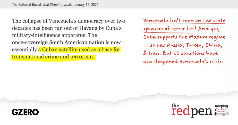 "...a Cuban satellite used fas a base for transnational crime and terrorism." Venezuela isn't even on the sponsors of terror list!