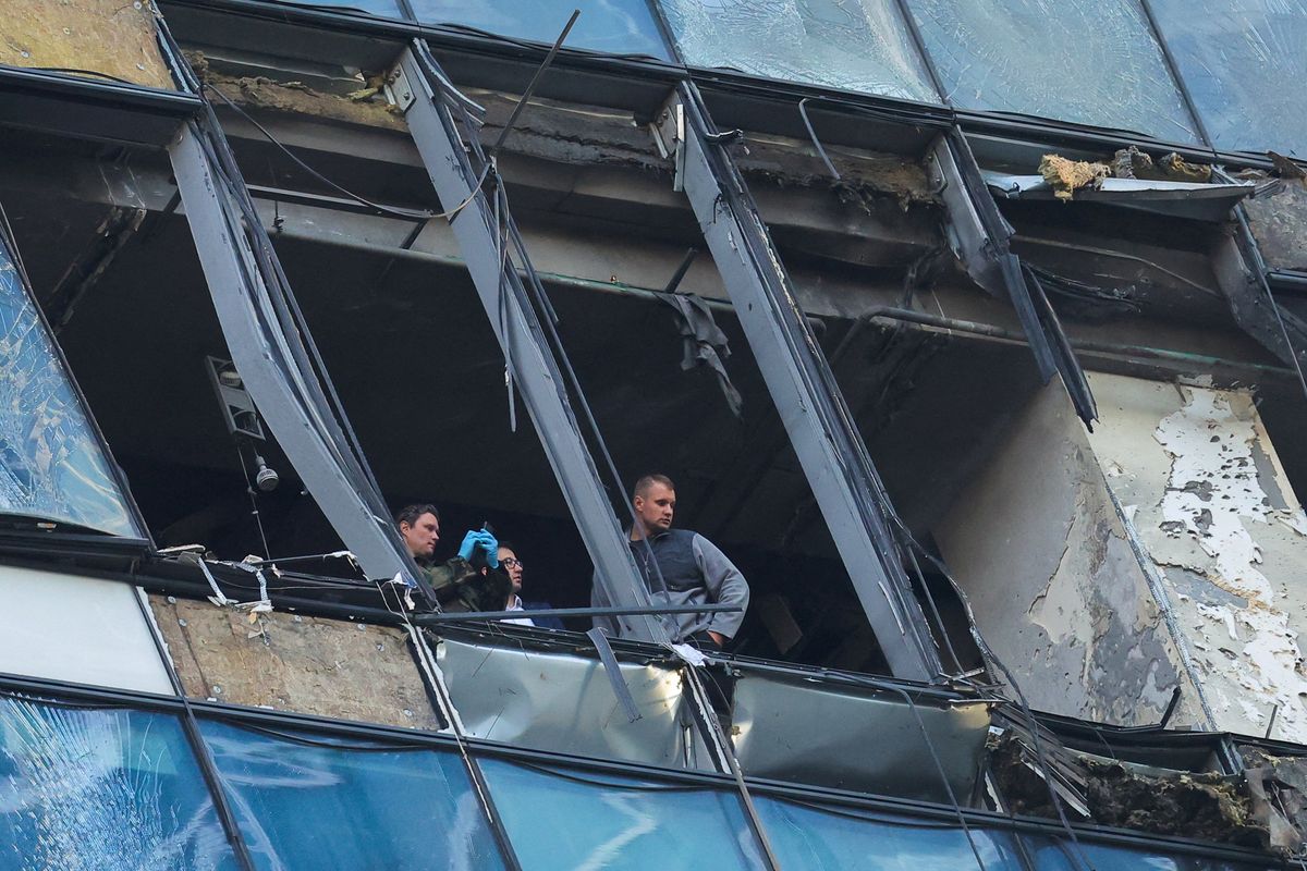 A damaged office building following a reported Ukrainian drone attack in Moscow. 