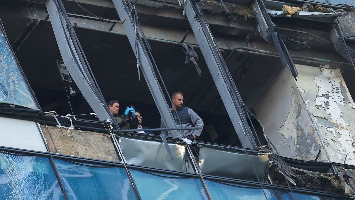 A damaged office building following a reported Ukrainian drone attack in Moscow.