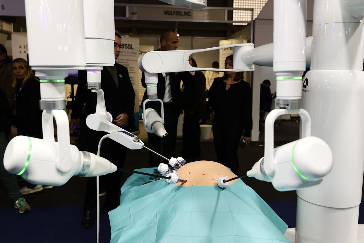 A demonstration of robotic arms performing surgery controlled by a doctor that operates remotely using a 5G network in Barcelona, Spain.