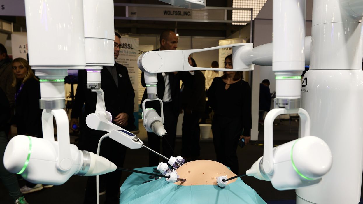 A demonstration of robotic arms performing surgery controlled by a doctor that operates remotely using a 5G network in Barcelona, Spain.