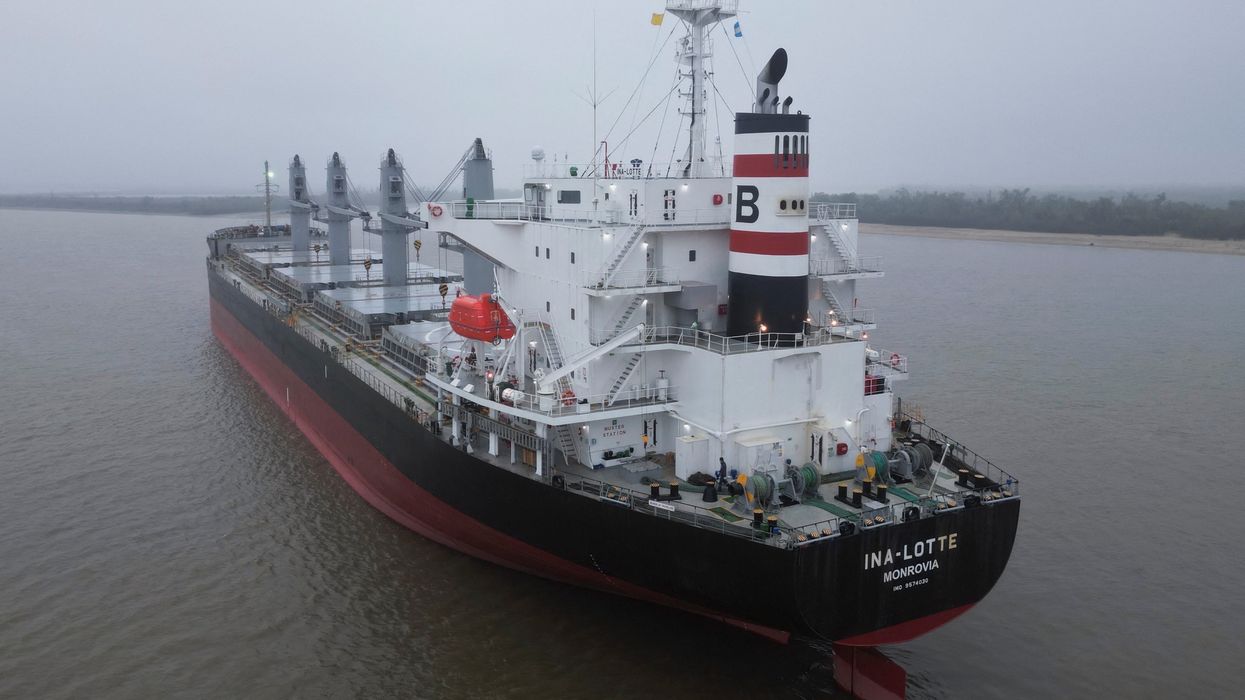 A drone view of a Liberian-flagged cargo ship anchored after Argentine authorities quarantined it on the Parana River over a suspected case of mpox onboard, according to the government, in San Lorenzo, Argentina August 21, 2024.