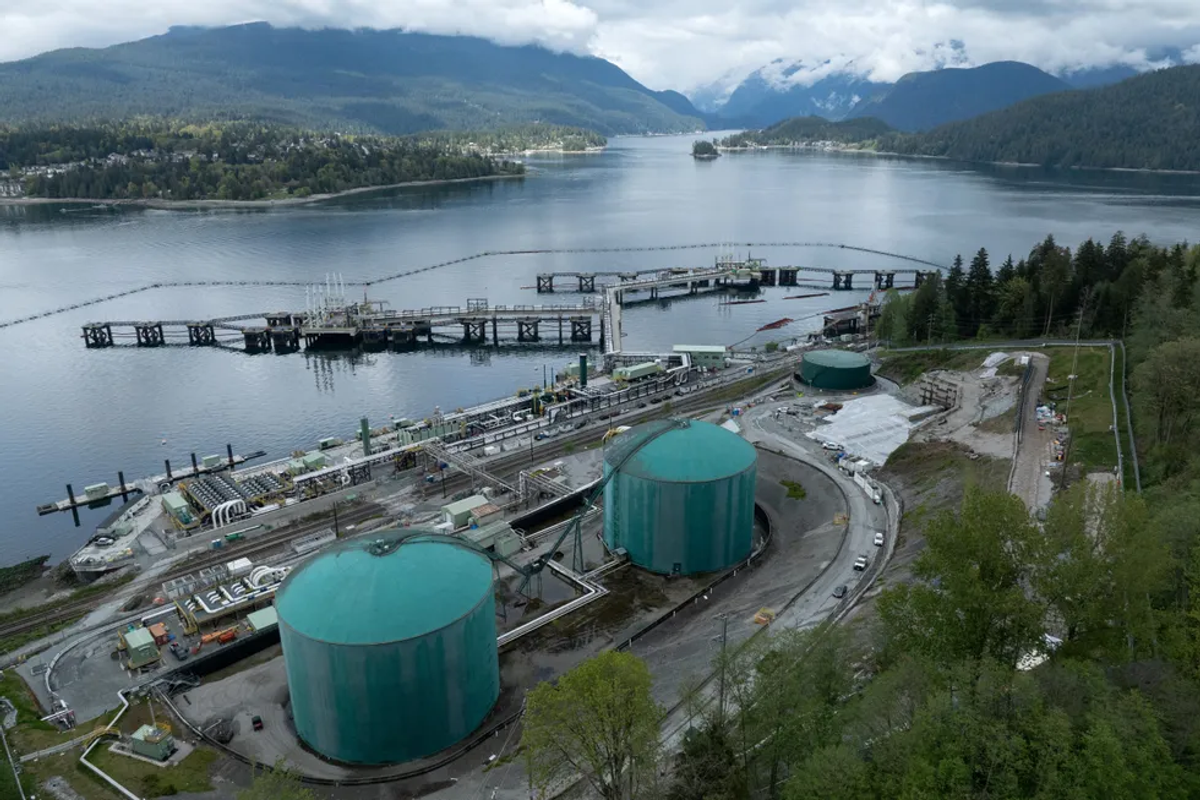 A drone view of three berths able to load vessels with oil is seen after their construction at Westridge Marine Terminal, the terminus of the Canadian government-owned Trans Mountain pipeline expansion project in Burnaby, British Columbia, Canada, April 26, 2024.