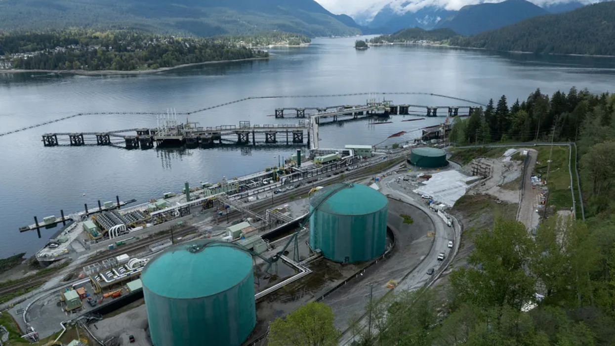 A drone view of three berths able to load vessels with oil is seen after their construction at Westridge Marine Terminal, the terminus of the Canadian government-owned Trans Mountain pipeline expansion project in Burnaby, British Columbia, Canada, April 26, 2024.