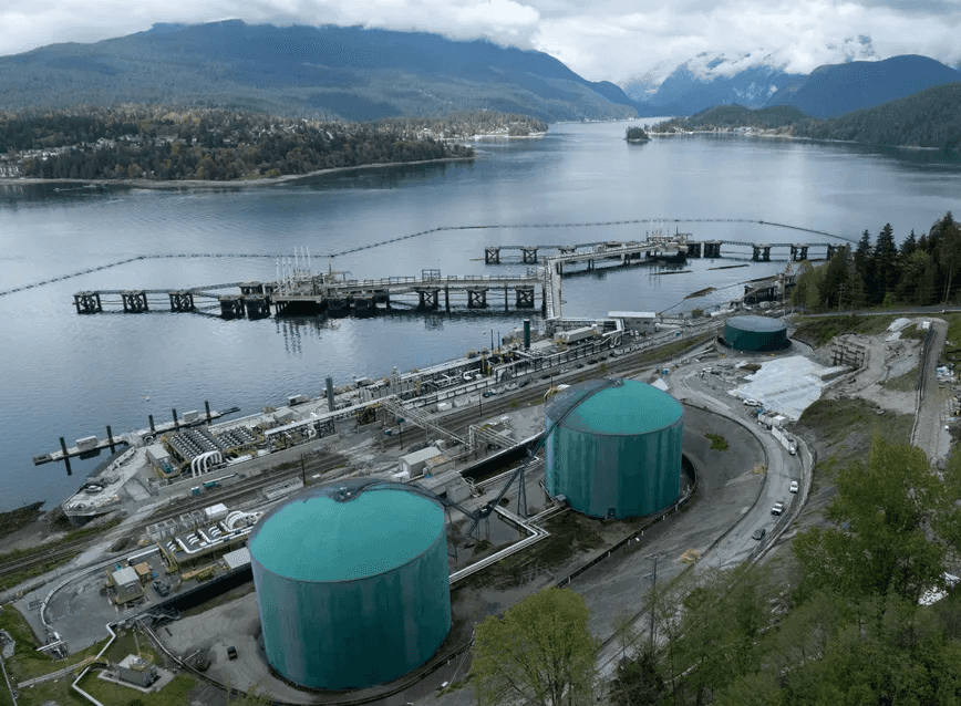 A drone view of three berths able to load vessels with oil is seen after their construction at Westridge Marine Terminal, the terminus of the Canadian government-owned Trans Mountain pipeline expansion project in Burnaby, British Columbia, Canada, April 26, 2024.