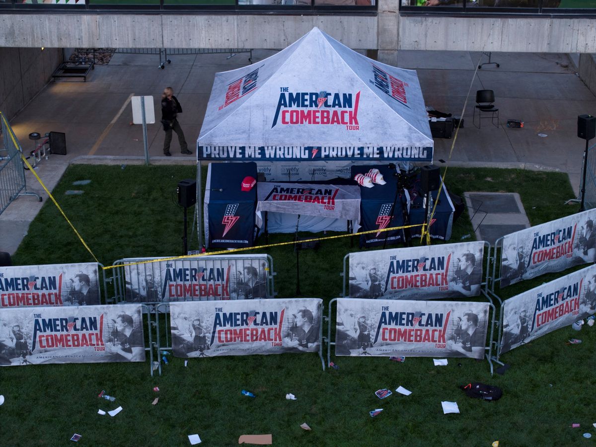​A drone view shows the scene where U.S. right-wing activist, commentator, Charlie Kirk, an ally of U.S. President Donald Trump, was fatally shot during an event at Utah Valley University, in Orem, Utah, U.S. September 11, 2025. 