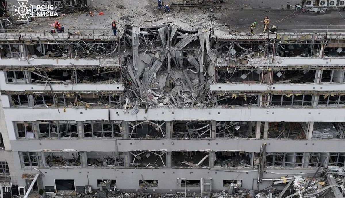A drone view shows the site of a Russian missile strike amid Russia's attack on Kyiv on April 6, 2025. 
