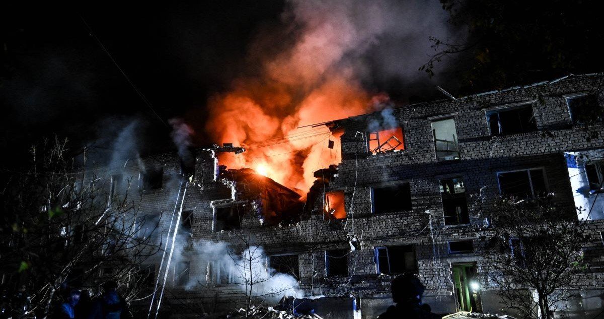 ​A fire rages in an apartment block damaged by a large-scale Russian drone attack in Zaporizhzhia Where: Zaporizhzhia, Ukraine When: 01 May 2025 