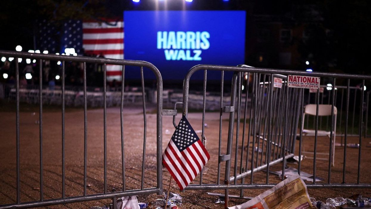 A flag is left at the event held by Democratic presidential nominee U.S. Vice President Kamala Harris during Election Night, at Howard University, in Washington, U.S., November 6, 2024.