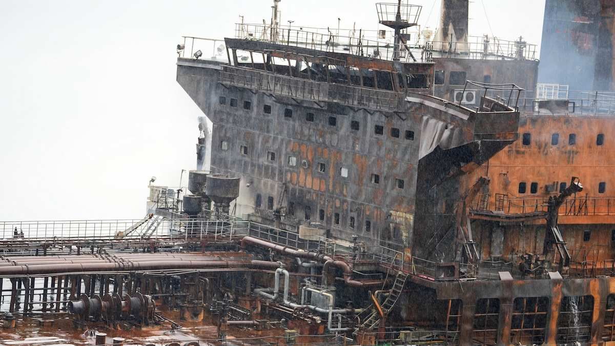 A foreign tanker carrying Iraqi fuel oil damaged following unidentified attacks that targeted two foreign tankers, according to Iraqi port officials, near Basra, Iraq, on March 12, 2026.​