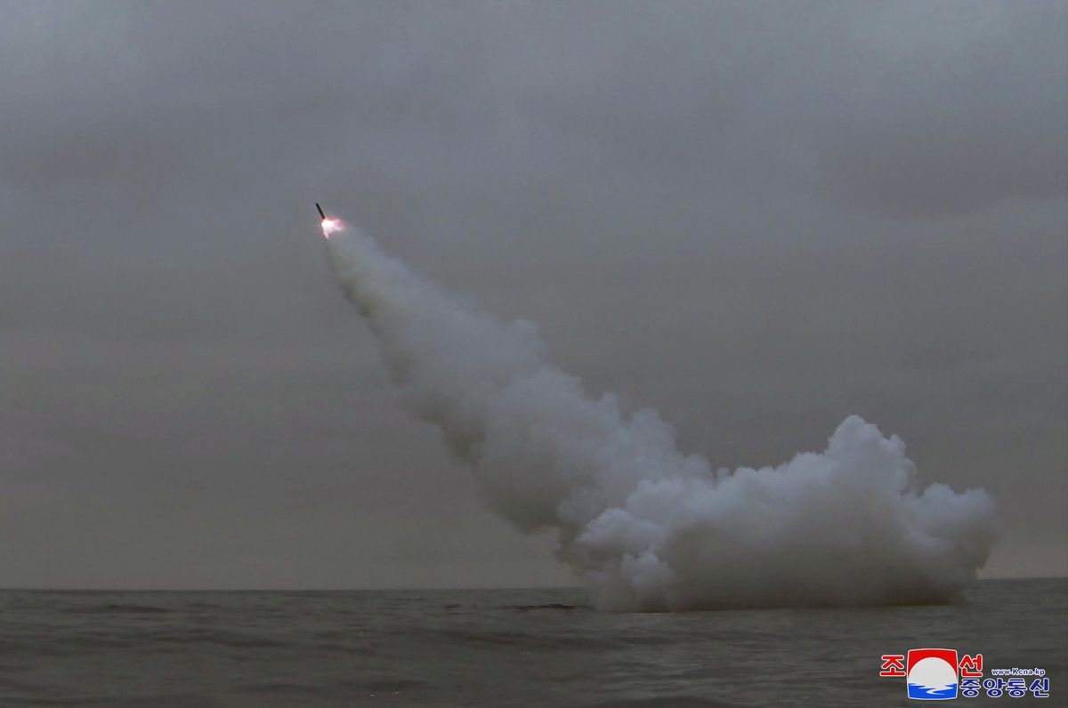 A general view as North Korea fired two missiles from a submarine at an underwater target at an undisclosed location in North Korea March 12, 2023.
