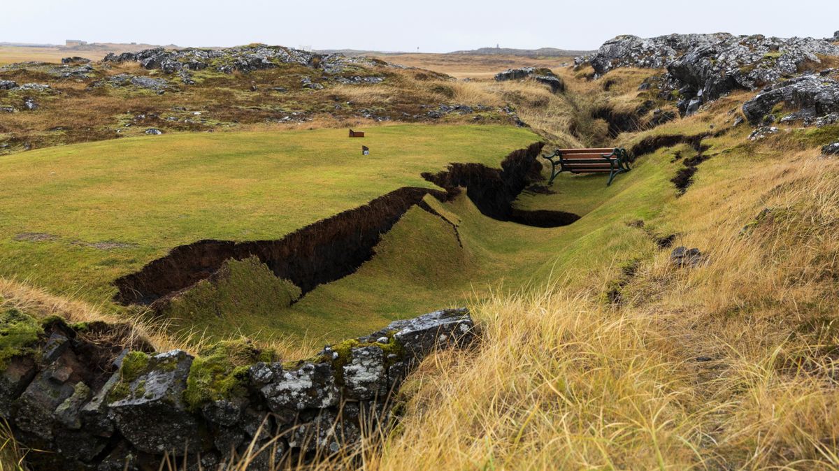 A general view of damage due to volcanic activity at a golf course, in Grindavik, Iceland Nov. 11, 2023. 