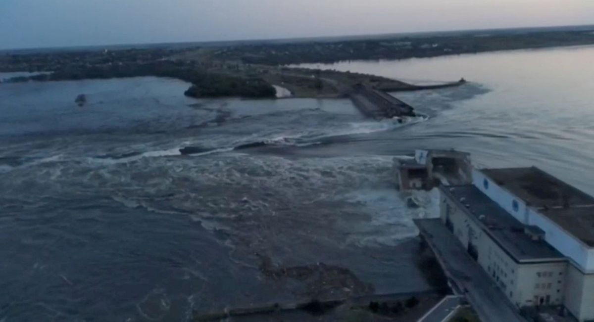 A general view of the Nova Kakhovka dam that was breached in Kherson region.