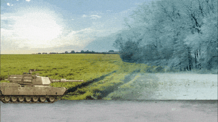 A gif showing a tank rolling on a backdrop of fall turning into winter.