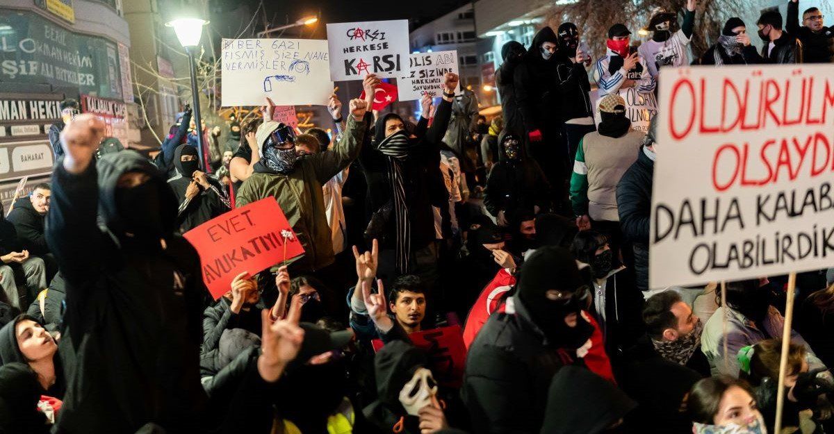 A group demonstrators chant slogans together as they hold posters during the protest. The ongoing protests were sparked by the arrest of Istanbul Metropolitan Mayor Ekrem Imamoglu.