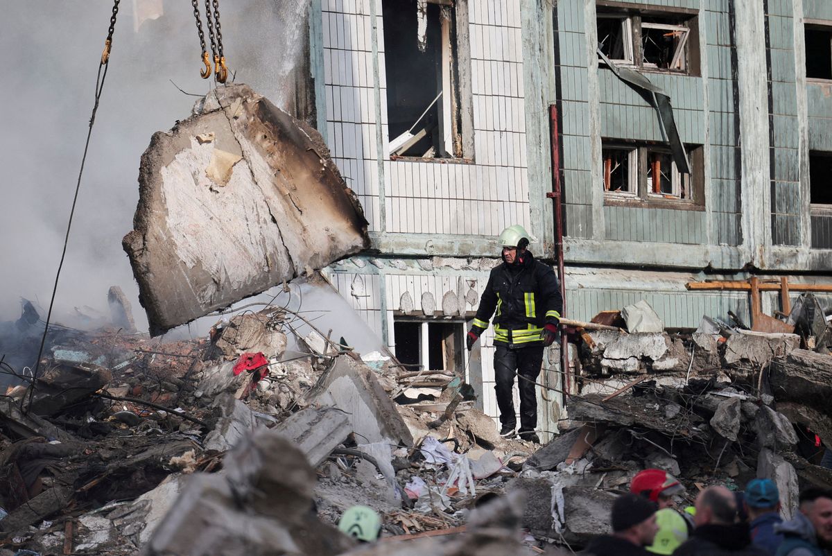 A heavily damaged residential building hit by a Russian missile in the town of Uman, Ukraine. 