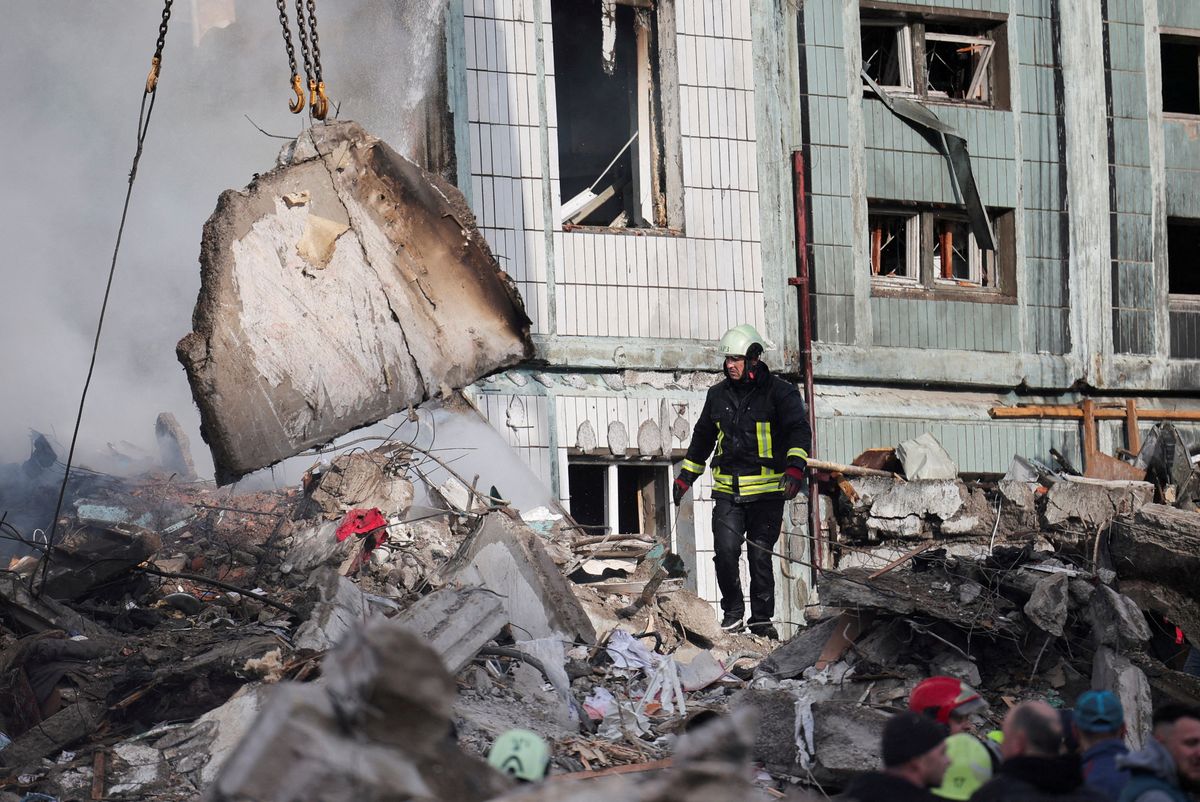 A heavily damaged residential building hit by a Russian missile in the town of Uman, Ukraine.