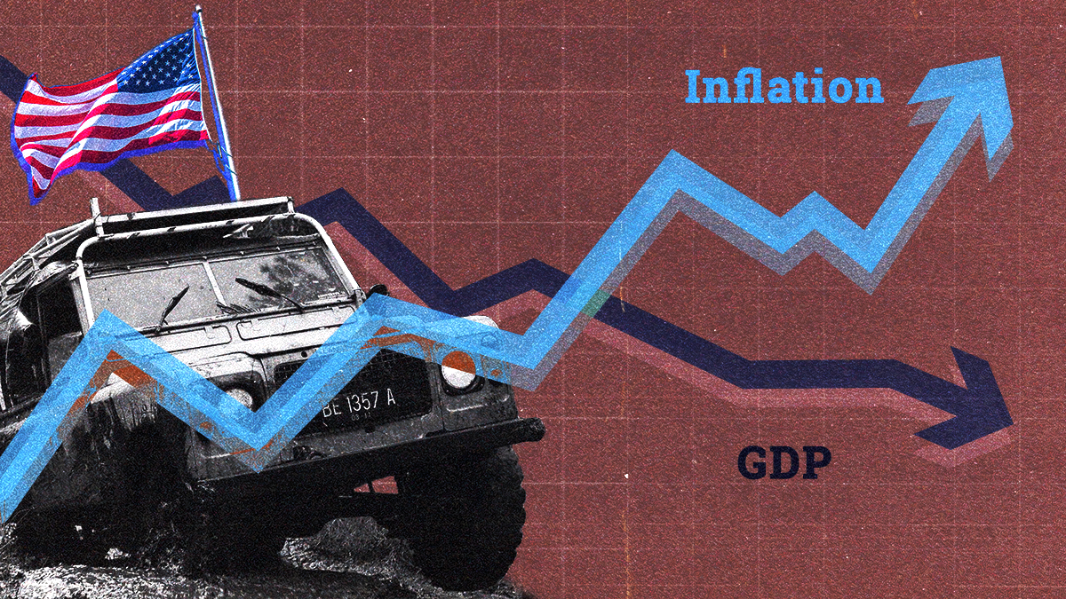 A jeep with the US flag with lines showing rising inflation and stagnating economic growth.