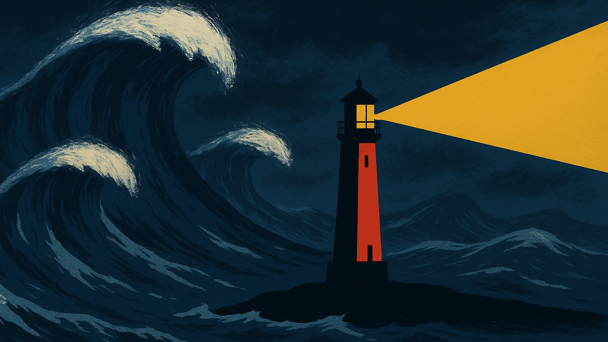 A lighthouse in a stormy sea.