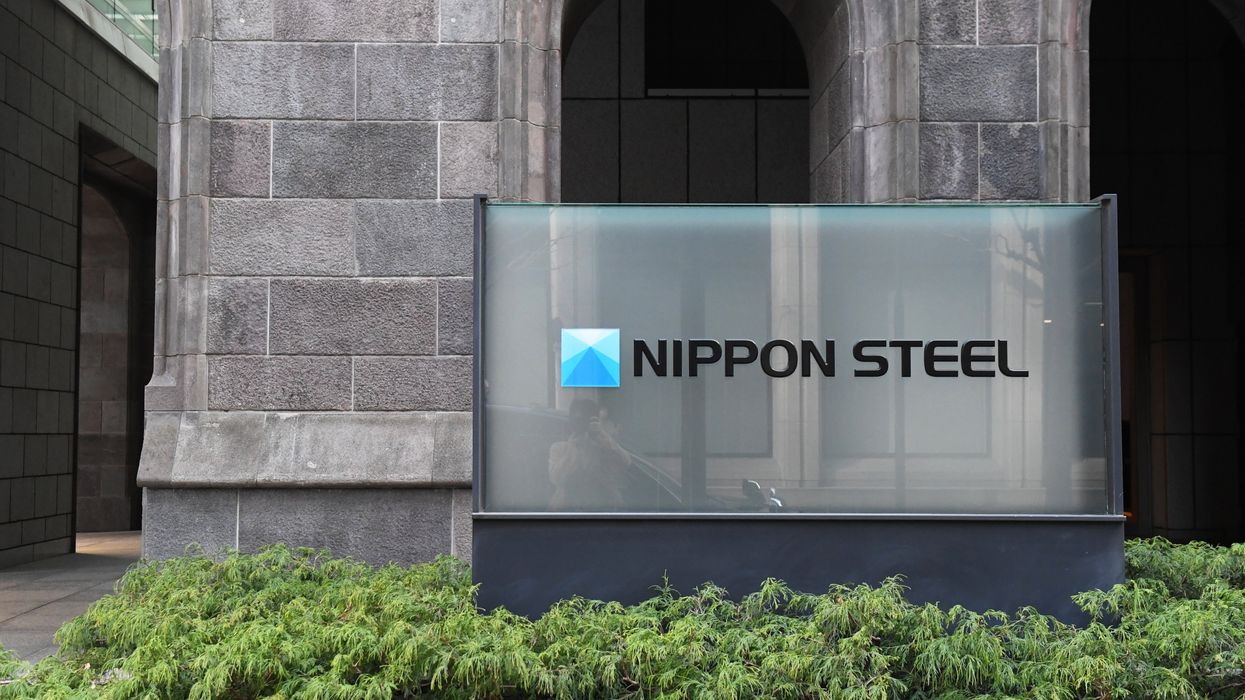 A logo of Nippon Steel is pictured in Chiyoda Ward, Tokyo on March 15, 2024. US President Joe Biden opposed planned sale of U.S. Steel to Nippon Steel, a Japanese Firm, on March 14th.