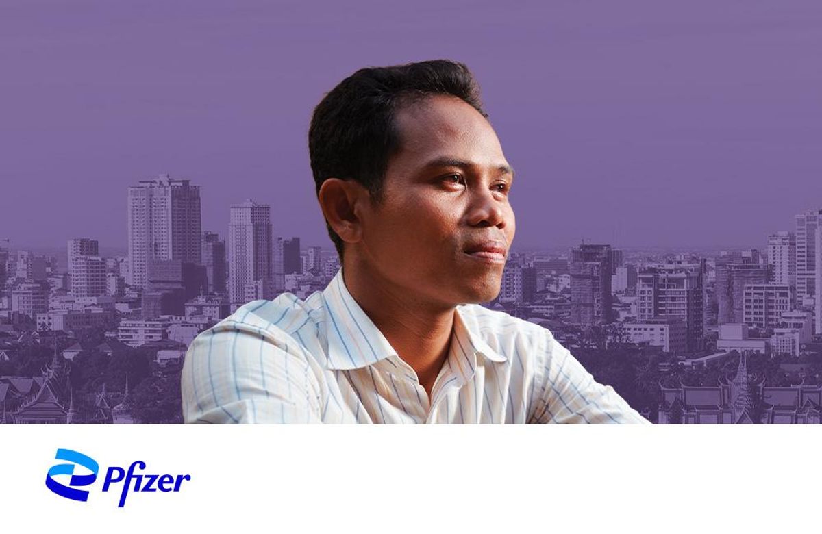 A man looking off in the distance | An Accord for a Healthier World | Pfizer logo