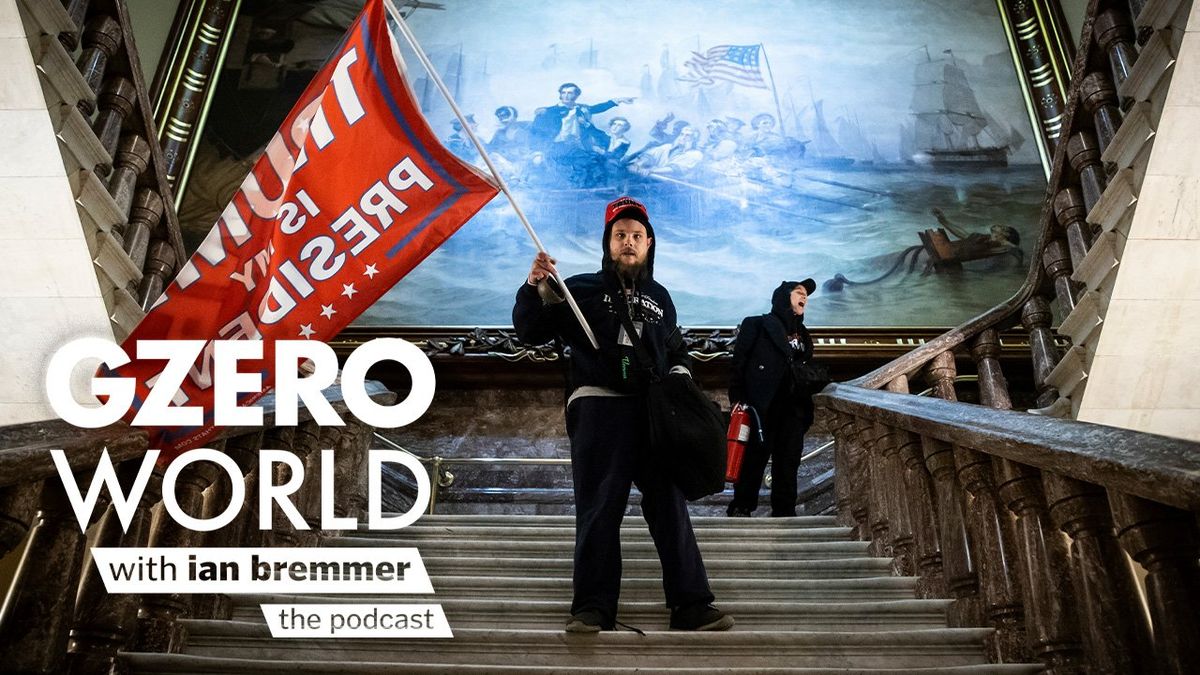 A man waving a red flag in front of another man with the GZERO World with Ian Bremmer - the podcast logo