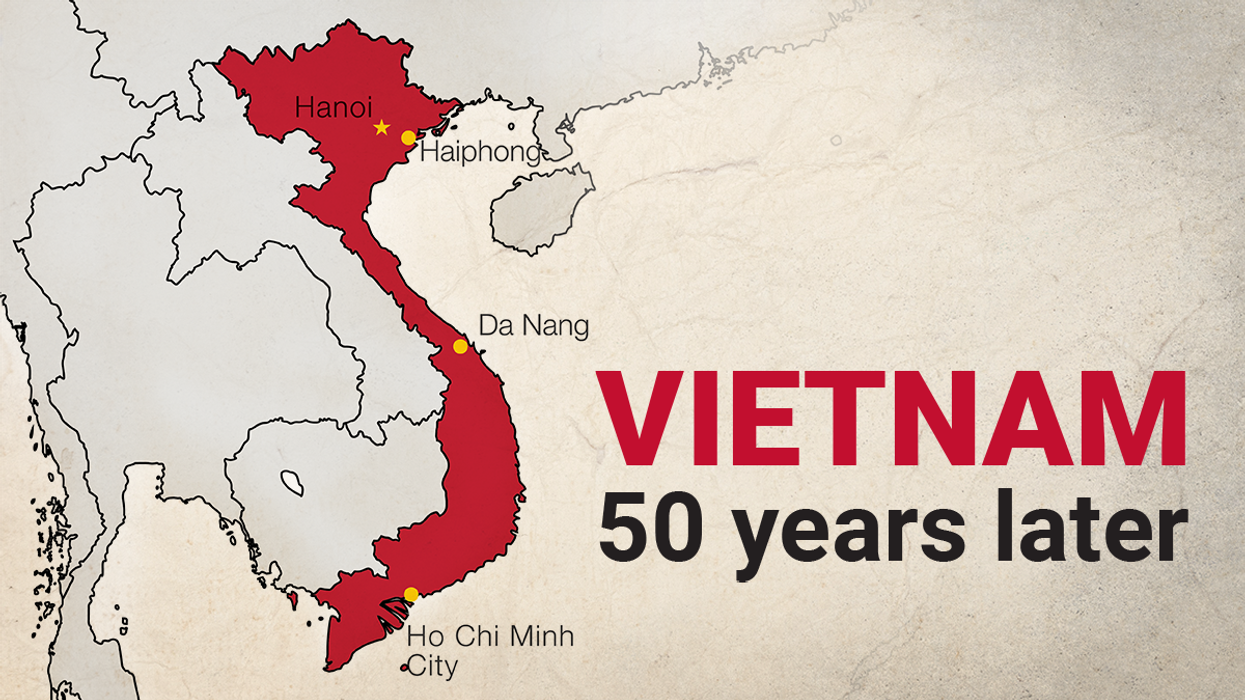 A map of Vietnam highlighted in red with major cities labeled — Hanoi, Haiphong, Da Nang, and Ho Chi Minh City — alongside the text "VIETNAM 50 years later." Image for GZERO Media’s special coverage of the 50th anniversary of the Vietnam War.
