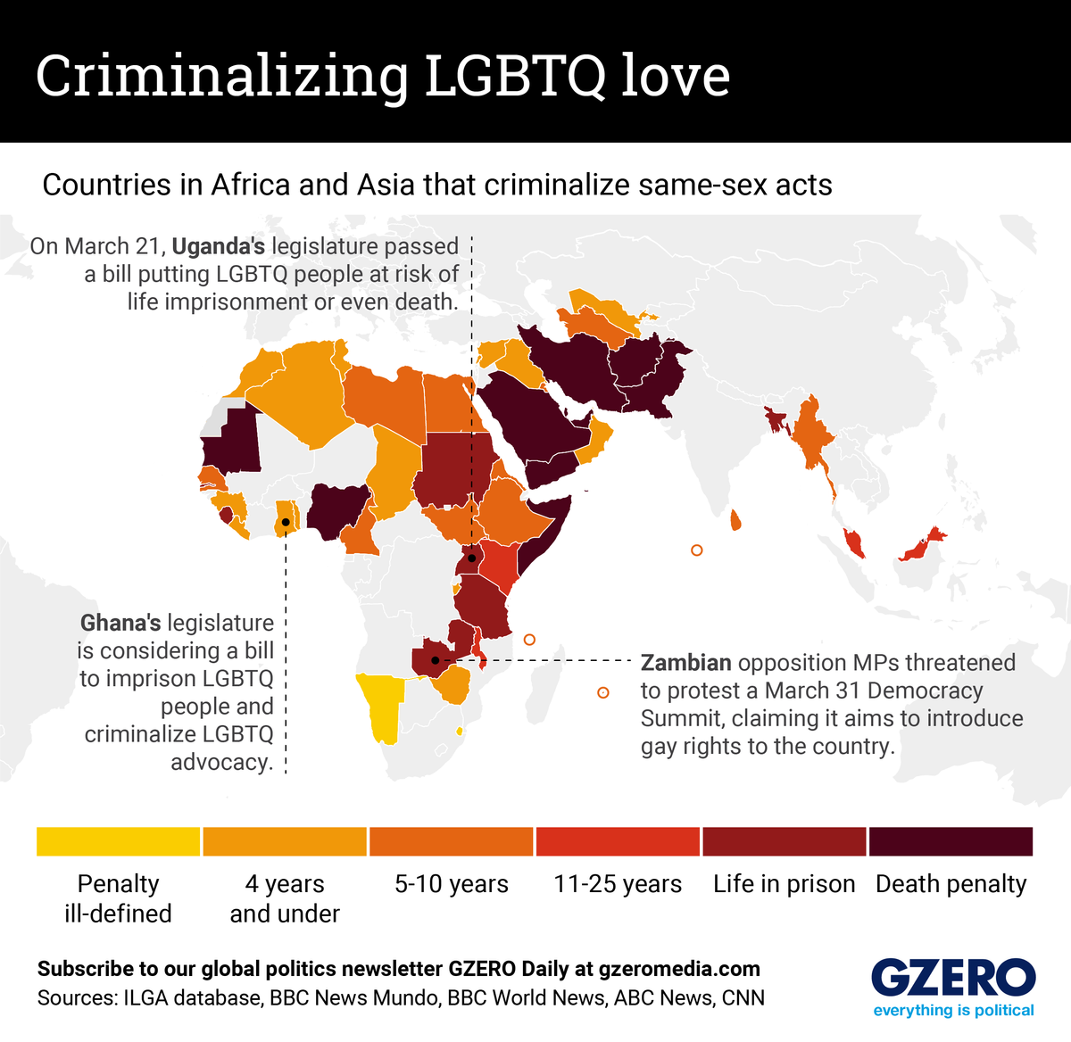A map showing countries in Africa and Asia that criminalize same-sex acts, by degree of punishment.