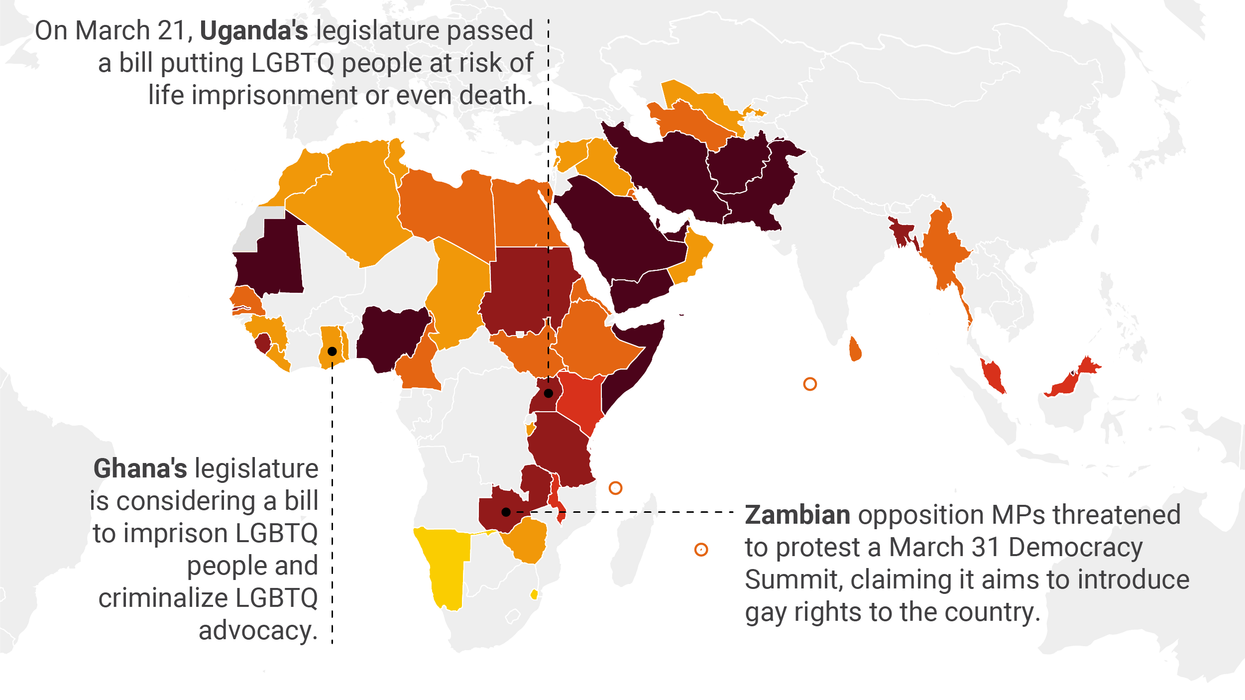 A map showing countries in Africa and Asia that criminalize same-sex acts, by degree of punishment.