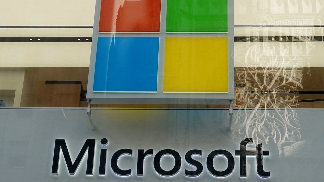A Microsoft logo is pictured on a store in the Manhattan borough of New York City, New York.