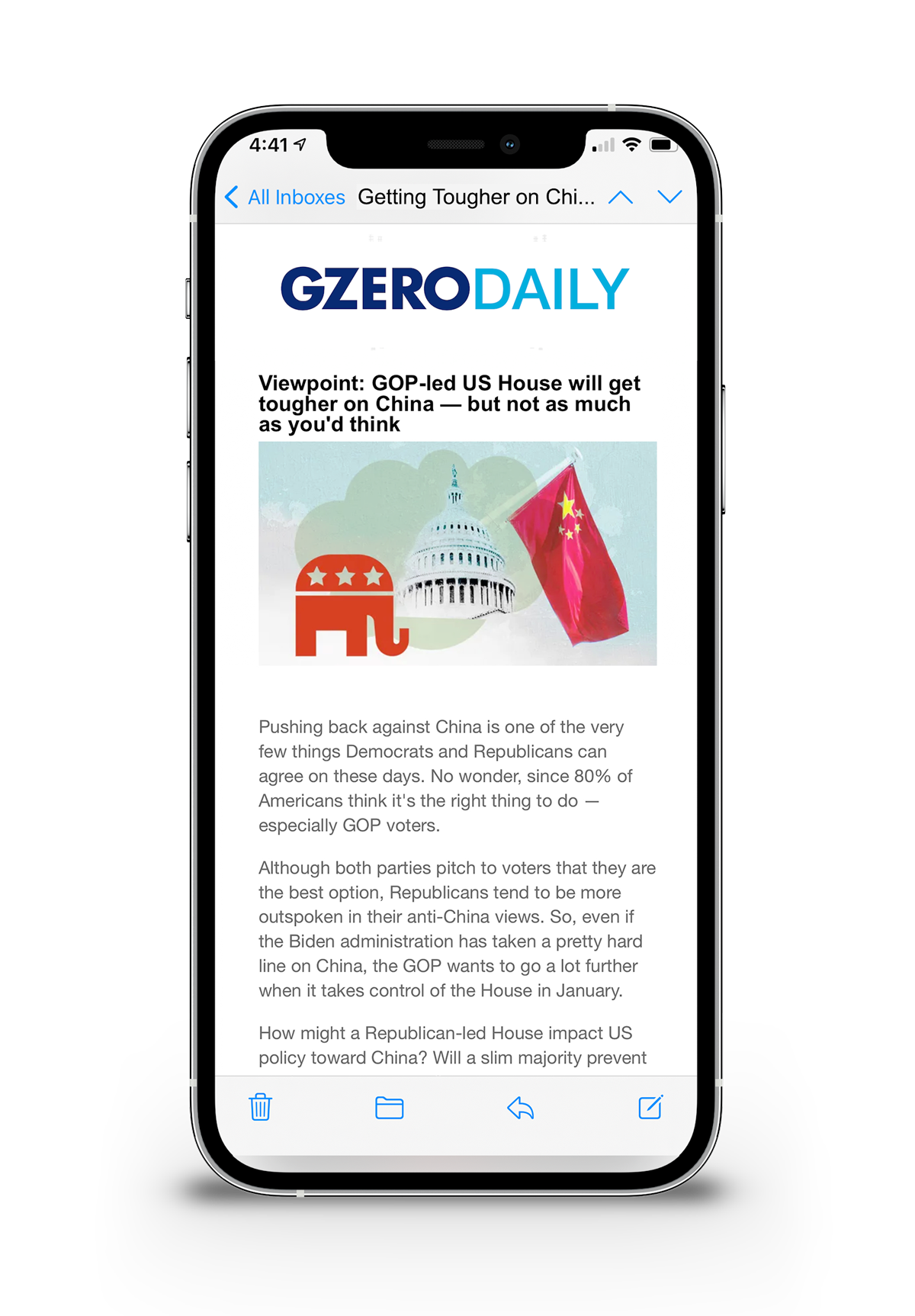 A mobile phone showing the GZERO newsletter, GZERO Daily