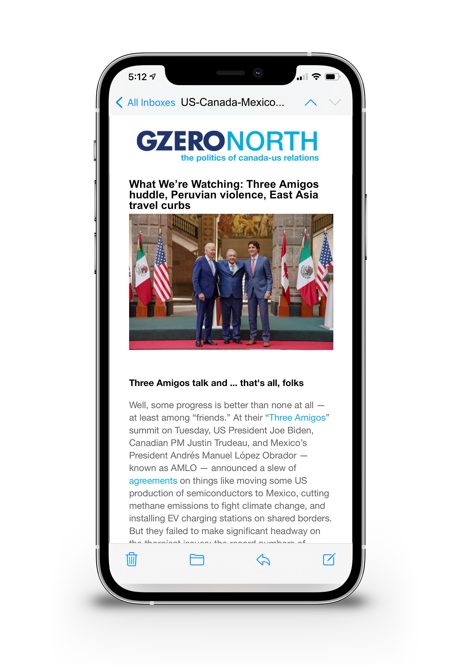 A mobile phone showing the GZERO newsletter, GZERO North
