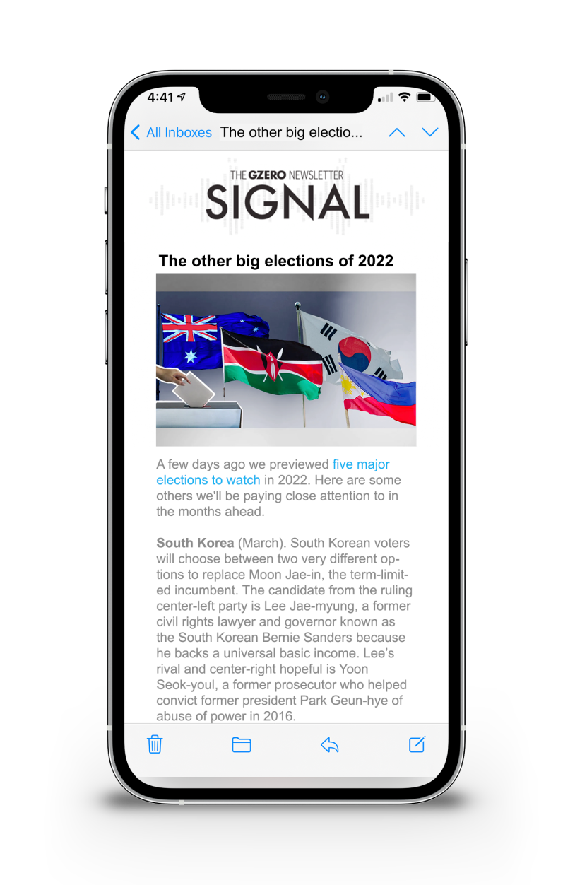 A mobile phone showing the GZERO newsletter, Signal
