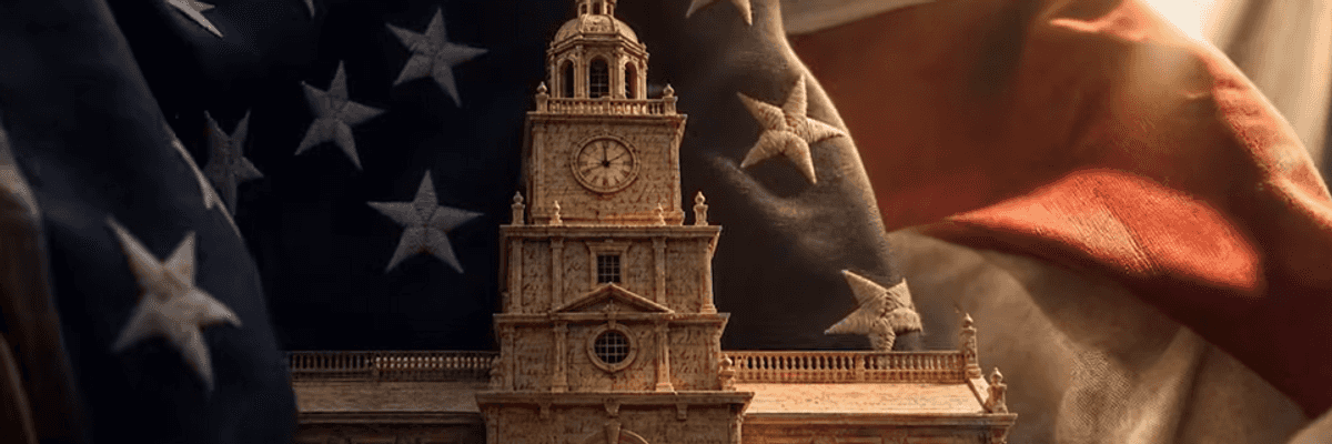 A model of Philadelphia's Independence Hall appears in front of an American flag