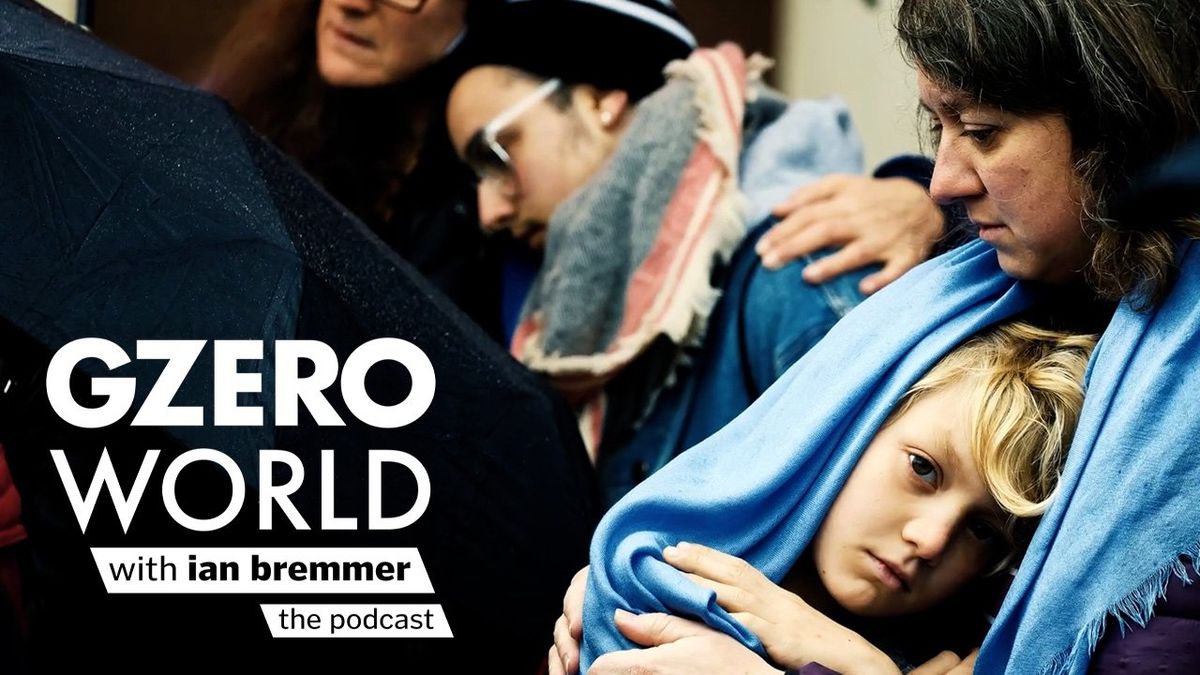 A mother hugging her child with the logo of GZERO World with Ian Bremmer - the podcast